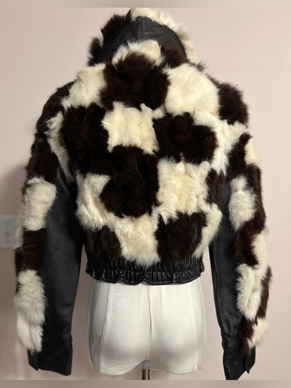 Jonathan Legault Black Leather Jacket with Black & Cream Faux Fur Patchwork - Picture 2 of 6
